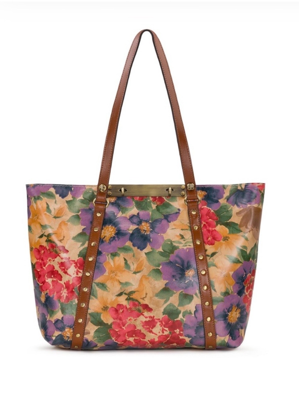 Patricia Nash Floral Canvas Tote Bag with Brown Leather Straps